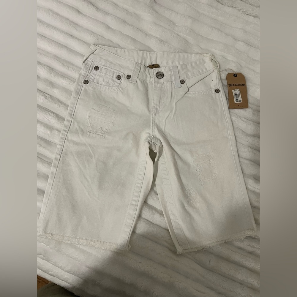 True Religion White Denim Shorts with Branded Tag